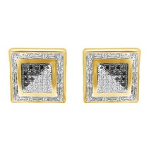 Yellow Gold Plated Round Black &amp; White Simulated Diamond Square Stud Ear... - $186.98