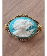 Vtg AAi white &amp; blue cameo brooch &quot;Two Women with Dove&quot; Gold Tone and St... - $31.89 CAD