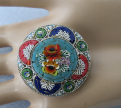 Vintage Micro Mosaic Tile Flower Brooch Round 1.5&quot; Marked Italy Colorful Estate - £30.81 GBP