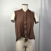 E-M Sleeveless Shirt Womens L Button Up Tank Top Lace Shoulders Tie Hem Brown - £14.15 GBP