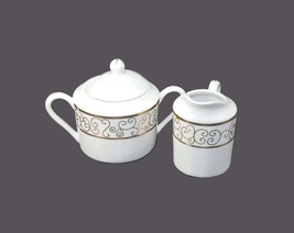 Holiday Joy Christmas creamer and covered sugar bowl set. Gold scrolls on white. - £64.73 GBP