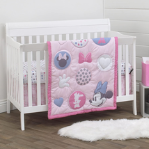 Minnie Mouse 3-PC Nursery Crib Bedding Set Baby Girl Pink Grey Rose Quilt Sheets - £54.70 GBP