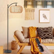 Arc Floor Lamp With Smart Remote,Rattan&amp;Fabric Boho Floor Lamps For Living Room  - £77.27 GBP