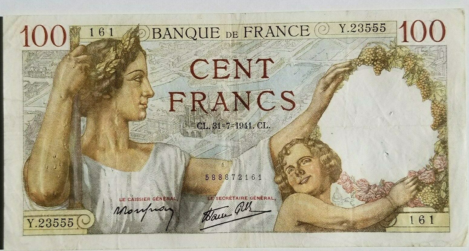 Primary image for FRANCE 100 CENT FRANCS BANKNOTE 1939 - 1942 XF NO RESERVE