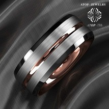 ATOP 8Mm Silver Brushed Black with Rose Gold Men Tungsten Wedding Band Ring - £22.29 GBP