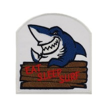Eat Sleep Surf Happy Shark with Surfboard Embroidered Patch. Size: 3.5x3.9 &#39;&#39; - £5.81 GBP