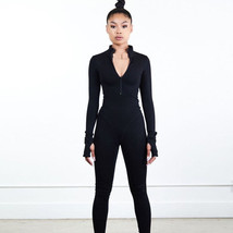 Solid color long sleeve slim all in one pants Plunge Jumpsuit - $28.00