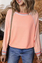 Grapefruit Orange Waffle Knit Wide Bracelet Sleeve Patchwork Raglan Top - $29.34