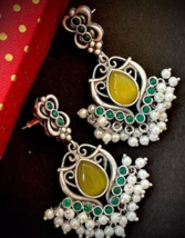 Indian Silver Plated Bollywood Antique Style Kundan Drop Earrings Jewelry Set - £22.51 GBP