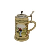 DOMEX Porcelain Stein, Golf Theme, 25% Zinn Hinged Pewter Lid, Made in Germany - $24.45