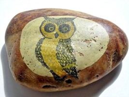 owl painted rock paperweight vintage 1970s owl bird collectible yellow and black - £7.10 GBP