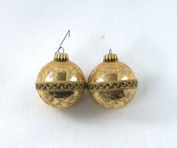 2 Christmas Ornaments By Krebs Blown Glass Balls Gold w/Red Green Ribbon Vintage - £8.78 GBP