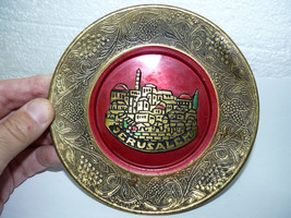 Vintage Israeli Brass &quot;Jerusalem&quot; Plate Scrolled Grapes &amp; Leaves Red Ena... - $32.20