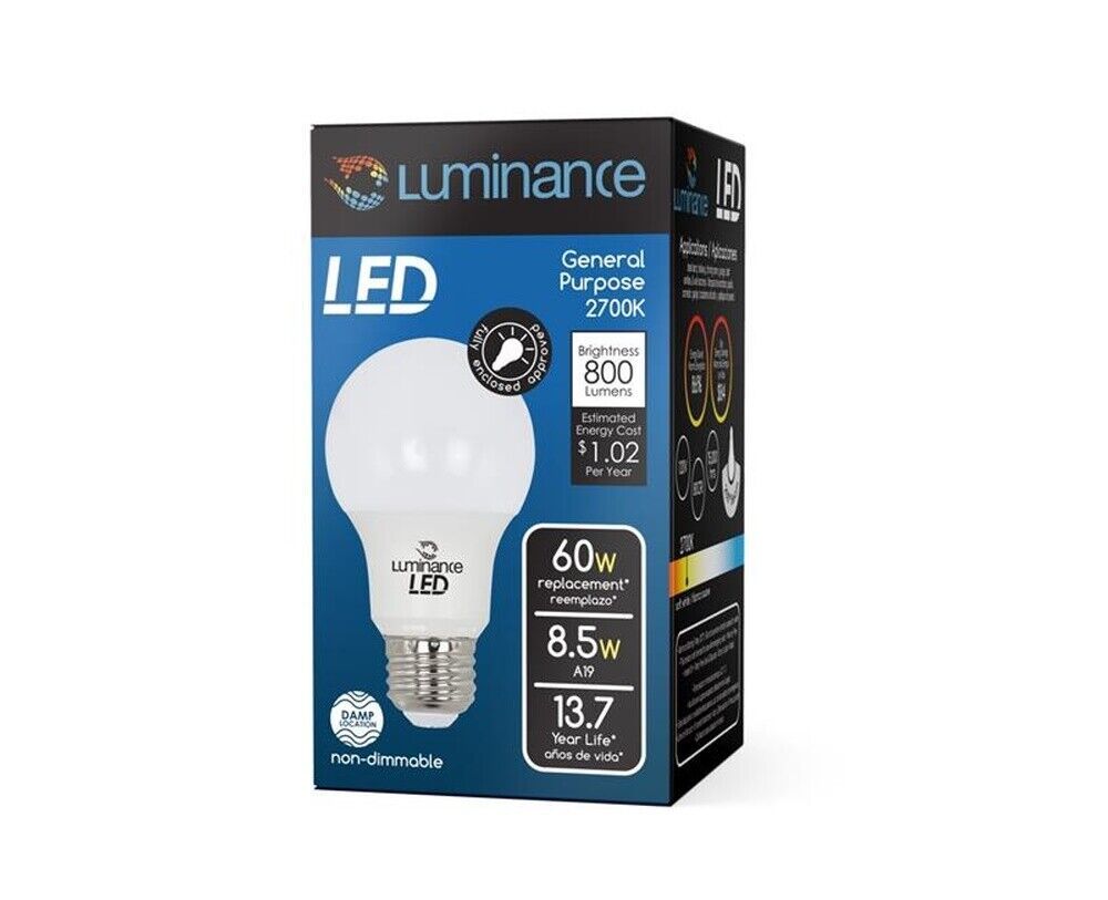 Luminance LED A19 Light Bulb A19 8.5W 2700K 800LM 60-Watt 2-Pack L7591-3