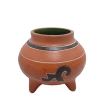 Aztec Pattern Terracotta Bean Pot Green Glaze Inside 3 Legged - £8.62 GBP