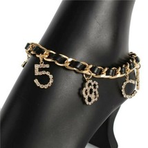 Black Leather Gold Crystal Flower Pendant Anklet Chain Style Bling Cute Anklet - £19.78 GBP