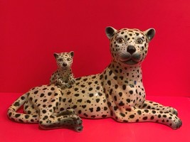 Impressive Mid-Century Large Italian Pottery Ceramic Leopard and Cub Statue - £389.38 GBP