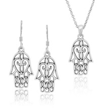 Mystical Filigree Sterling Silver Hamsa Hand Good Luck Earrings Necklace Set - £23.91 GBP