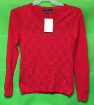 Tommy Hilfiger Womens Studded Argyle Long Sleeve V Neck Red Sweater XS - $34.99