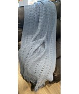 Vintage Crochet Ripple Knitted Textured Blue With Fringe Afghan 75” L X ... - £18.65 GBP