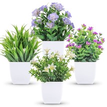 4 Packs Small Fake Plants Mini Artificial Faux Plants With Flowers For Home Room - £13.30 GBP