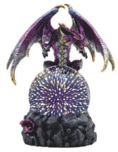 Purple Silver Gold Wyvern Dragon On Rocky Cliff With LED Optic Ball Figu... - £49.91 GBP