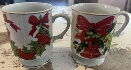 Vintage Set Of Lefton China Christmas Holly Bells And Cardinals Coffee M... - $18.50