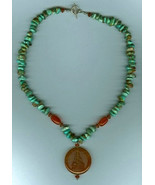 Carnelian Pendant Etched with Budda Image and Turquoise Nugget Necklace - $82.06 CAD