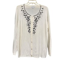 Susan Graver Ivory White Black Beaded Cardigan Sweater Button Down 1X - £19.36 GBP