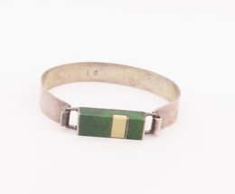 925 Sterling Silver Vintage Bracelet European Hinged Malachite Bangle  BT10360 - £111.00 GBP