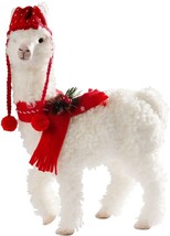 Festive Llama in Knit Hat and Scarf Fur Covered Wood Statue 20&quot; H - £45.91 GBP