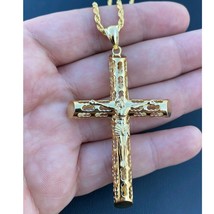 Men&#39;s Cross Jesus Piece Pendant 14K Yellow Gold Plated Silver Religious - £98.12 GBP