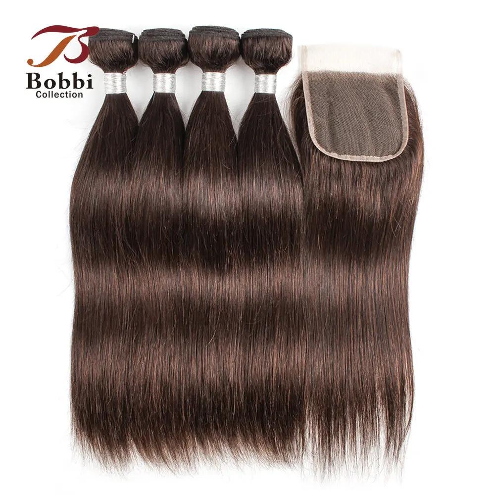 Brown Straight Human Hair 2/3 Bundles with 4x4 Lace Closure Remy Human Hair - £50.21 GBP+