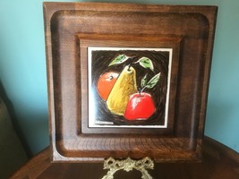 Vtg MCM Fred Press Wood &amp; Tile Wall Decor, Serving Tray Fruit Pear Paint... - £13.98 GBP