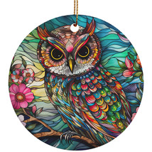 Funny Owl Bird Vintage Ornament Colorful Stained Glass Art Wreath Christmas Gift - £11.86 GBP