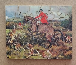 Vintage Small Wooden Puzzle Perfect Picture Puzzle Fox Hunting Dogs Jumper Horse - £14.58 GBP