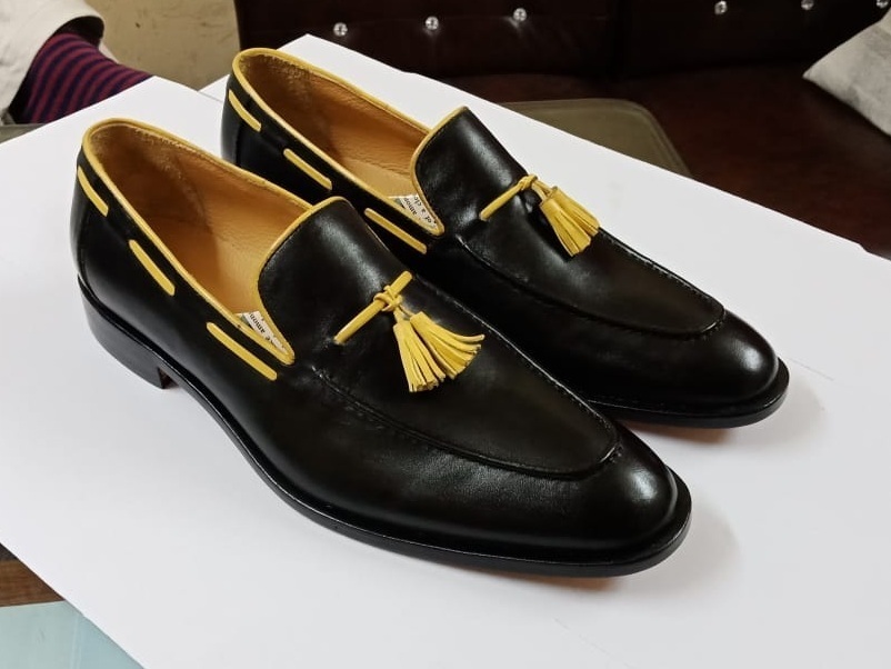 Men Shoes Black Loafer Slip On Yellow Tassel Premium Quality Leather Handmade