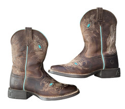 Ariat Girls Size 1.5 Bright Eyes Boots Brown Blue Cowboy Rodeo Western 10040257 - $35.19