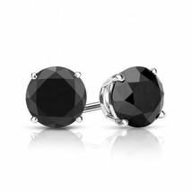 3.50CT Black Round Sapphire Solid 14K White Gold Screwback Stud Earrings - £157.10 GBP