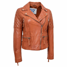 DR246 Women&#39;s Real Leather X-Zip Biker Style Jacket Cognac - £107.20 GBP