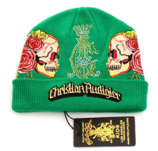 Christian Audigier Green Skull Knit Cuff Beanie Youth Boy&#39;s One Size 8-20 NWT - £43.75 GBP