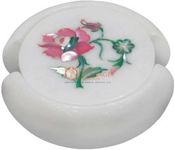 Designer Marble White Top Tea Coaster Set Pink Mop Floral Inlay Art Table Decors - £189.30 GBP