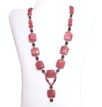 Rhodonite Pink Necklace Ruby Red Bead and Rhinestone Square Stone Bead vtg QVC - £29.23 GBP