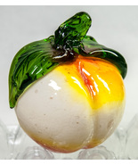 Hand Blown Art Glass White Peach w Green Leaf Fruit Paperweight Life Size - $8.00