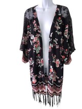 World Market Kimono Kaftan Open Long Boho Fringe Trim One Size Black Floral - £14.93 GBP