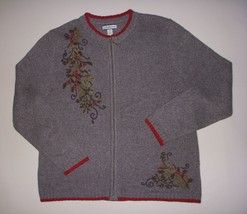 Vintage Croft Barrow Christmas Holiday Red Green Embroidery Full Zip Cardigan MP - £26.63 GBP
