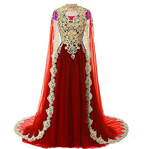 Gold Lace Vintage Long Prom Evening Dress Wedding Gown with Cape Wine Red US 8