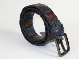 Men Genuine Leather Belt PIERO ROSSI Turkey Croc print Hand Stitch 69 Brown navy image 4