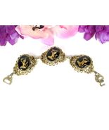 Vintage Siam BRACELET 3 Oval GLASS CABOCHONS Goldtone Figures Chunky Lin... - $51.92 CAD