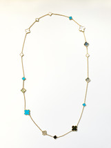 Mixed Size Turquoise and Mixed Mother of Pearl Quatrefoil Gold Plated Necklace - £118.03 GBP